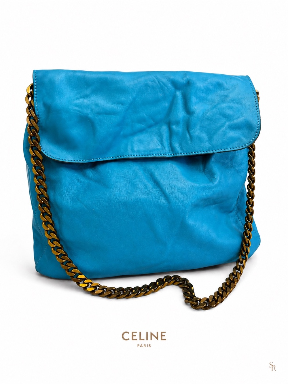 VTG Celine Gourmette Blue Calf Skin Shoulder Bag Purse Tote with Gold Chain